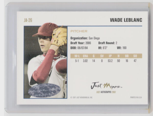 2007 Just Autographs Wade Leblanc AU #JA-26 Padres Signatures - Image 3