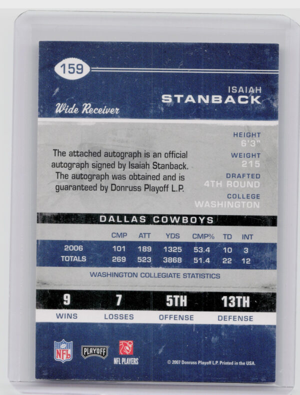 2007 Playoff Contenders Isaiah Stanback AU RC #159 Cowboys - Image 3