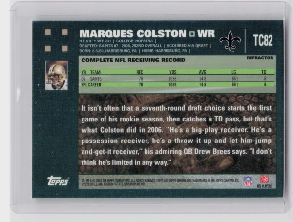 2007 Topps Marques Colston #164 Saints - Image 3
