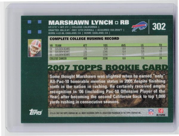 2007 Topps Marshawn Lynch RC #302 Bills - Image 3
