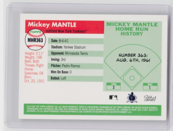 2007 Topps Mickey Mantle #MHR363 Yankees Mickey Mantle Home Run History - Image 3
