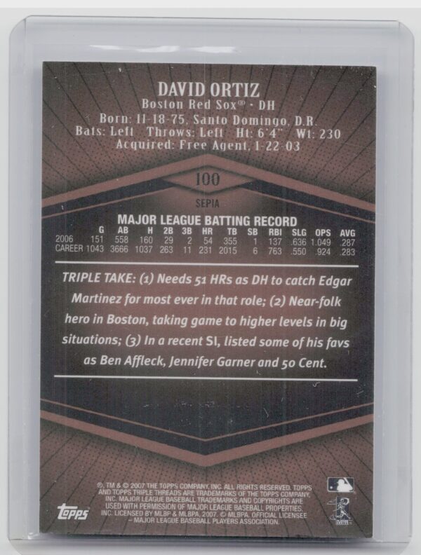 2007 Topps Triple Threads David Ortiz Sepia SN559 #100 Sox - Image 3