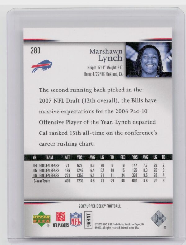 2007 Upper Deck Marshawn Lynch Rookie Exclusives Star Rookies #280 Bills - Image 3
