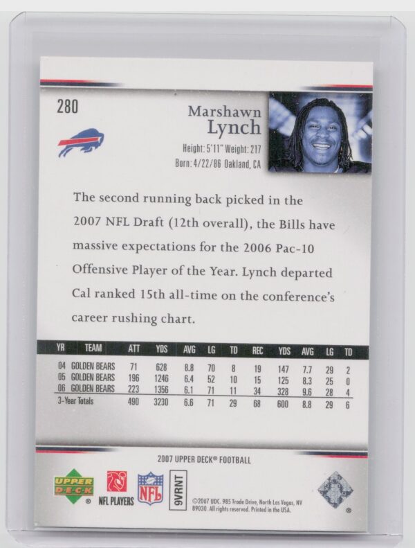 2007 Upper Deck Marshawn Lynch Rookie Exclusives Star Rookies #280 Bills - Image 3