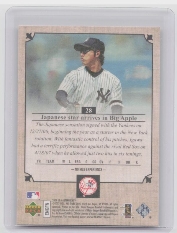 2007 Upper Deck Masterpieces Kei Igawa RC #28 Yankees - Image 3