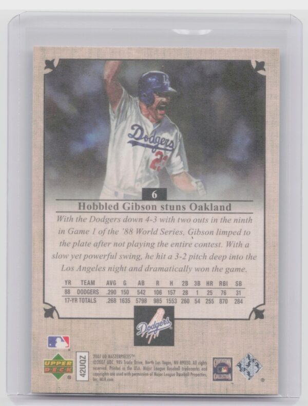 2007 Upper Deck Masterpieces Kirk Gibson #6 Dodgers - Image 3