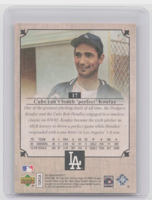 2007 Upper Deck Masterpieces Sandy Koufax #17 Dodgers - Image 3