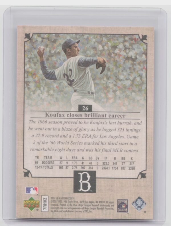 2007 Upper Deck Masterpieces Sandy Koufax #26 Dodgers - Image 3