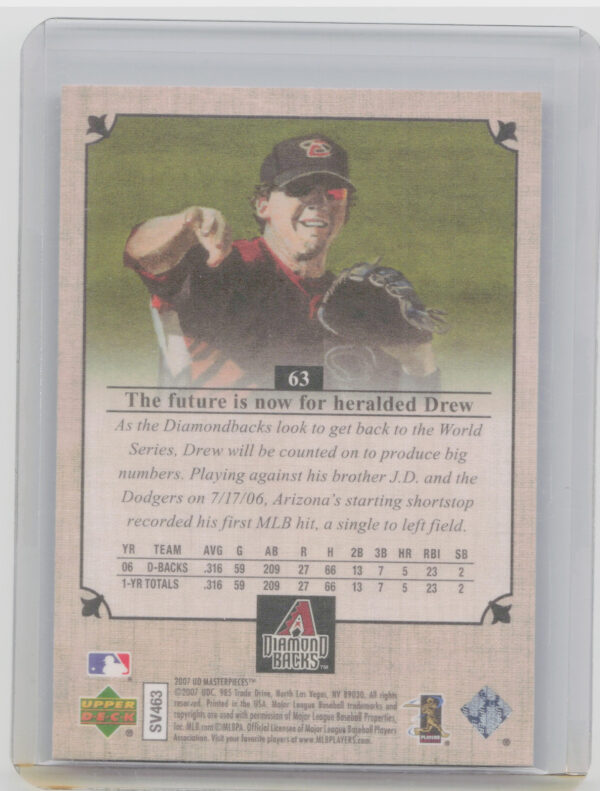 2007 Upper Deck Masterpieces Stephen Drew #63 Diamondbacks - Image 3