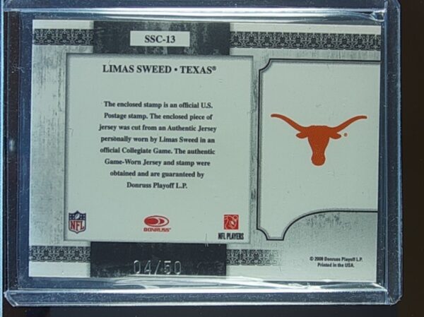 2008 Certified Materials Limas Sweed /50 #SSC-13 Longhorns Souvenir Stamp - Image 3