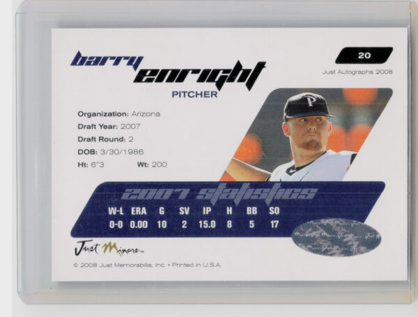2008 Just Autographs Barry Enright AU #20 Diamondbacks Signatures - Image 3