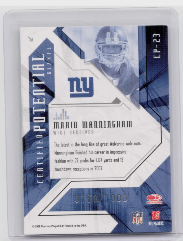 2008 Leaf Certified Materials Mario Manningham SN1000 #CP-23 Giants Certified Po - Image 3