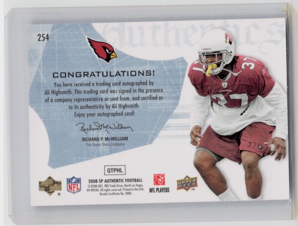 2008 SP Authentic Ali Highsmith AU RC SN399 #254 Cardinals - Image 3
