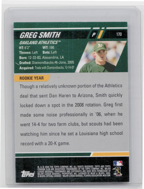 2008 Stadium Club Greg Smith AU RC #170 Athletics - Image 3