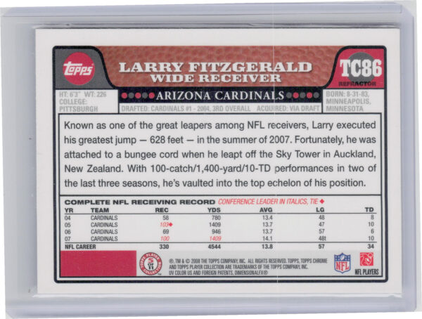 2008 Topps Chrome Larry Fitzgerald Refractors #TC86 Cardinals - Image 3