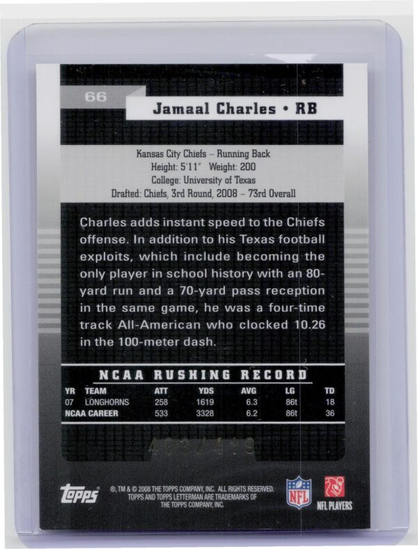 2008 Topps Letterman Jamaal Charles /419 RC #66 Chiefs - Image 3