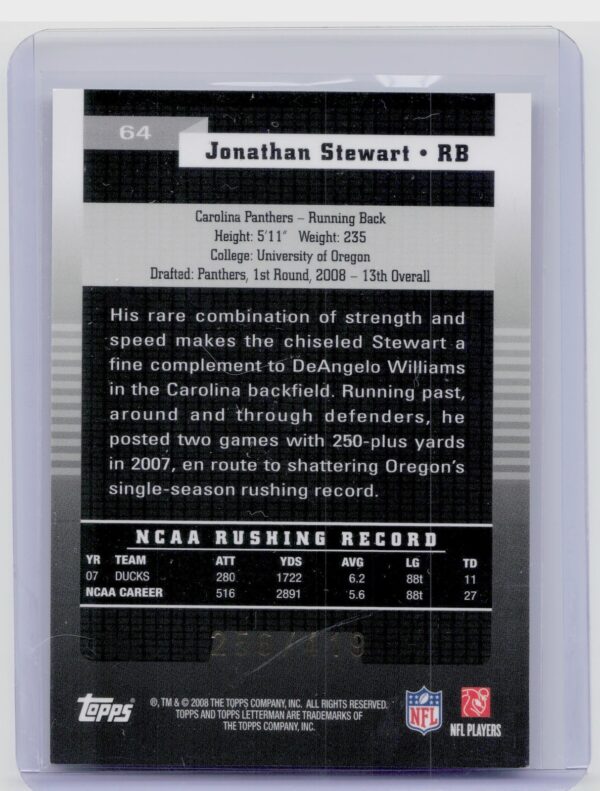 2008 Topps Letterman Jonathan Stewart /419 RC #64 Panthers - Image 3