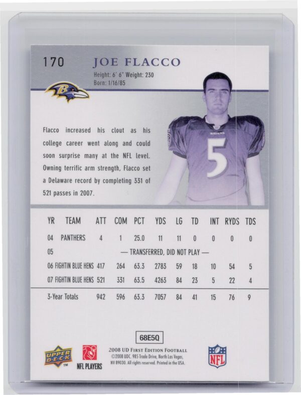 2008 Upper Deck First Edition Joe Flacco RC #170 Ravens - Image 3