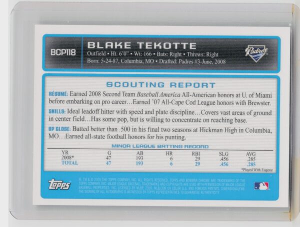 2009 Bowman Blake Tekotte AU #BCP118 Padres Chrome Autograph Prospects - Image 3
