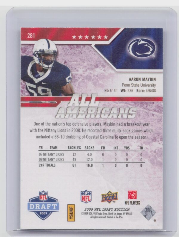 2009 Upper Deck Draft Edition Aaron Maybin #281 Lions - Image 3