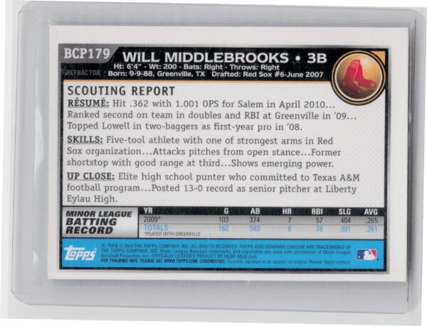 2010 Bowman Chrome Will Middlebrooks #BCP179 Sox Prospects Green X Fractors - Image 3