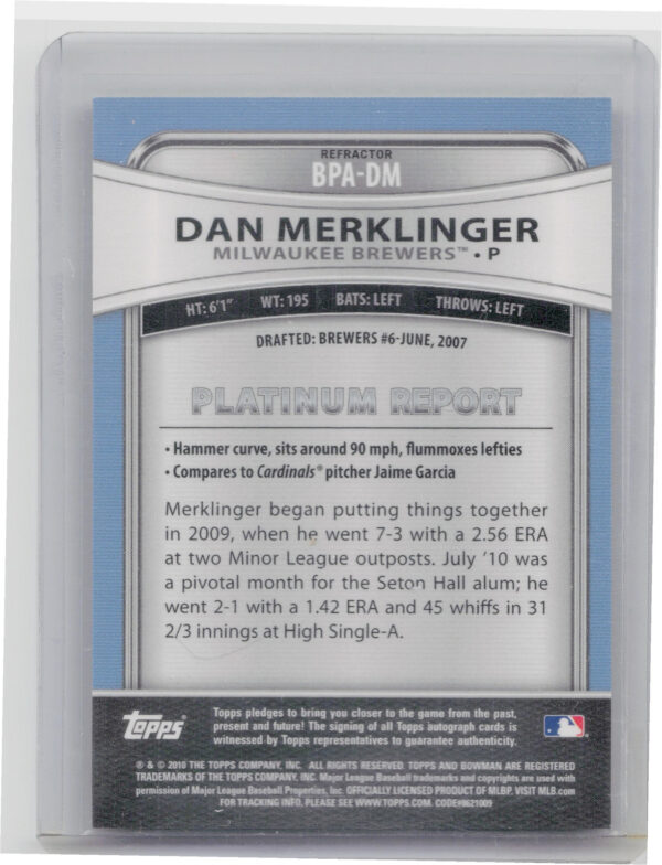 2010 Bowman Platinum Dan Merklinger AU #BPA-DM Brewers Prospect Autographs Refra - Image 3