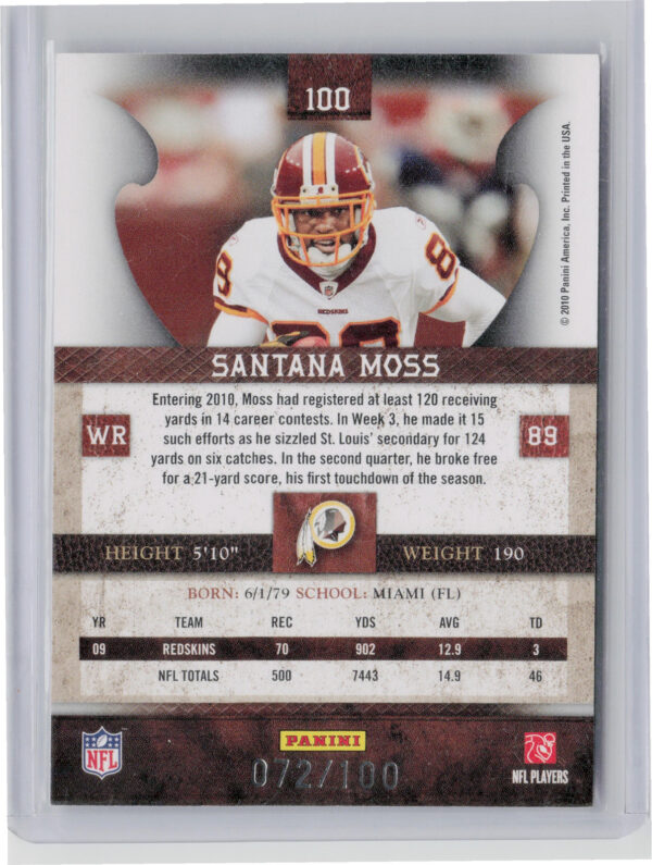 2010 Panini Plates & Patches Santana Moss Silver SN100 #100 Redskins - Image 3