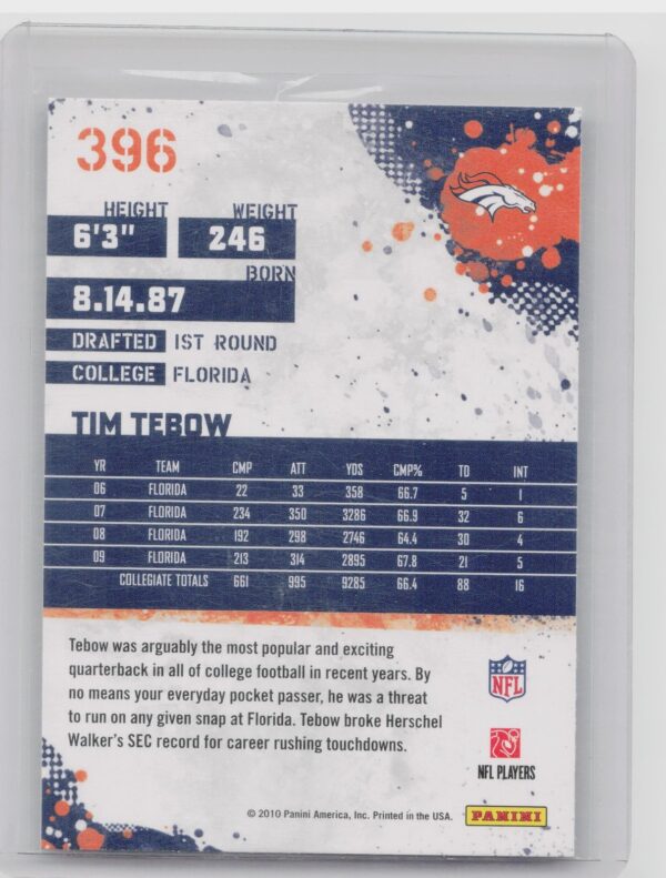 2010 Score Tim Tebow RC #396 Broncos - Image 3