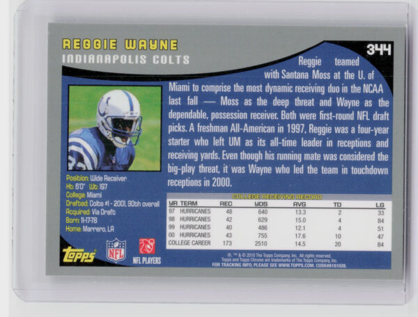 2010 Topps Reggie Wayne #344 Colts Anniversary Reprints - Image 3