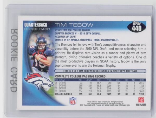 2010 Topps Tim Tebow RC #440 Broncos - Image 3