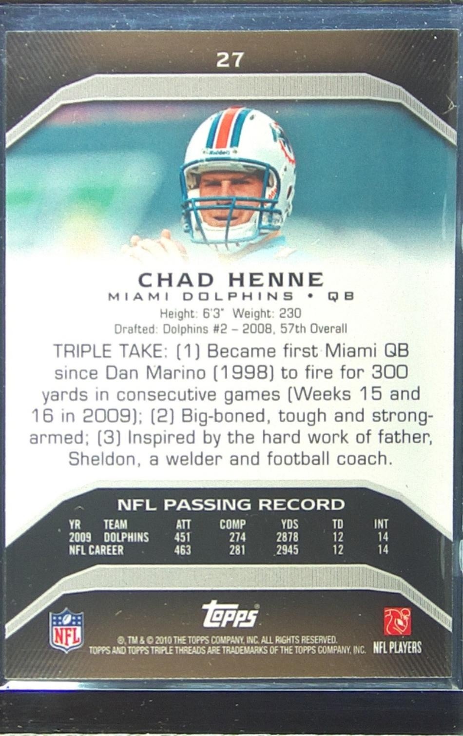 2010 Triple Threads Chad Henne Sepia /499 #27 Dolphins - Image 3