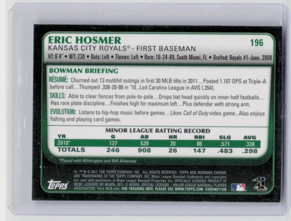 2011 Bowman Chrome Eric Hosmer RC #196 Royals - Image 3