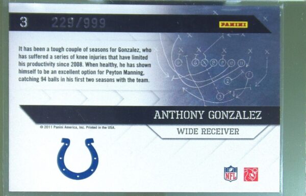 2011 Donruss Elite Anthony Gonzalez /999 #3 Colts Power Formulas Gold - Image 3