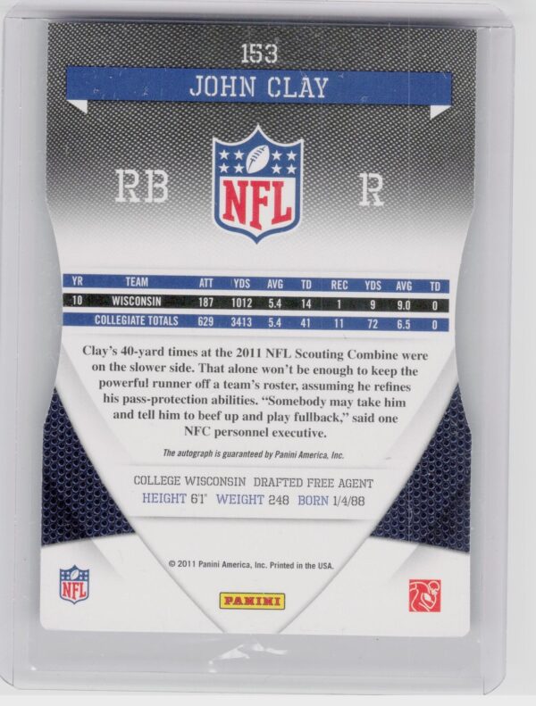 2011 Donruss Elite John Clay Auto /49 #153 Steelers Aspirations Autographs - Image 3