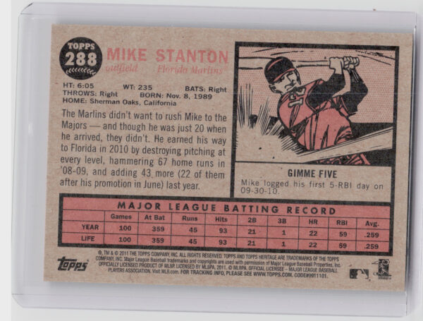2011 Topps Heritage Mike Stanton #288 Marlins - Image 3