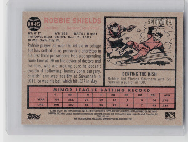 2011 Topps Heritage Minor League Robbie Shields AU SN861 #RA-RS Gnats Real One A - Image 3
