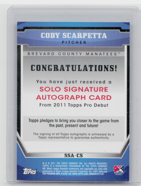 2011 Topps Pro Debut Cody Scarpetta AU #SSA-CS Manatees Solo Signatures - Image 3