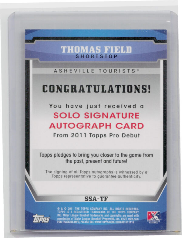 2011 Topps Pro Debut Thomas Field AU #SSA-TF Tourists Solo Signatures - Image 3
