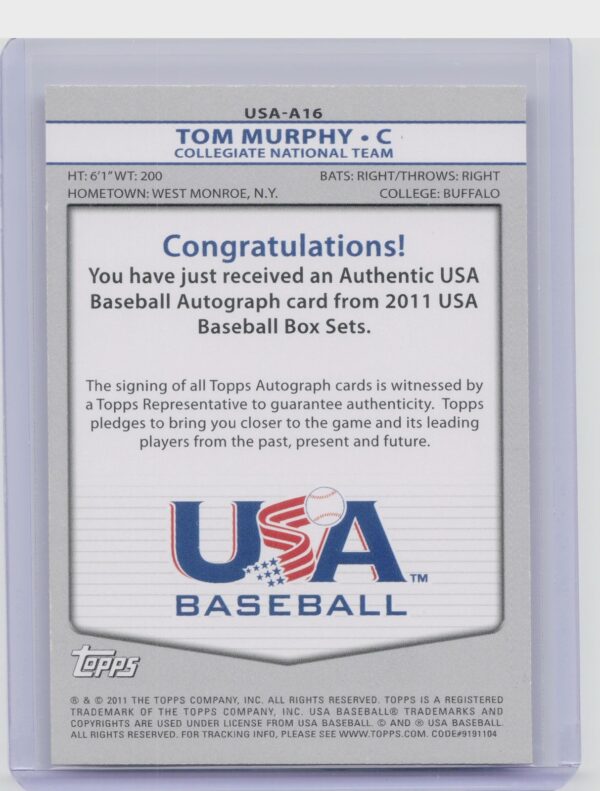 2011 Topps USA Baseball Tom Murphy Auto #USA-A16 USA Autographs - Image 3