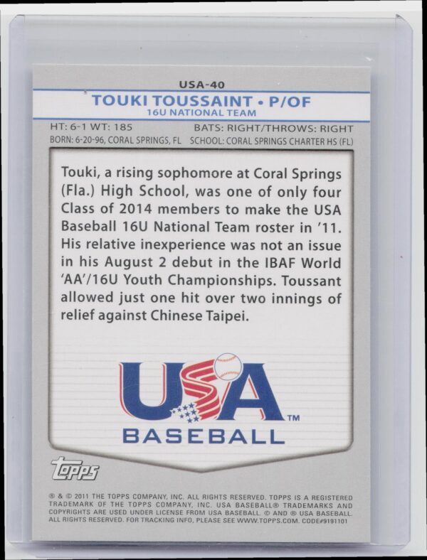 2011 Topps USA Baseball Touki Toussaint #USA-40 USA - Image 3