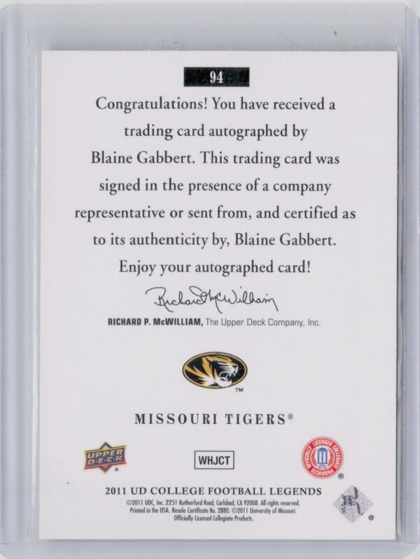 2011 Upper Deck College Football Legends Blaine Gabbert AU SP #94 Tigers Autogra - Image 3