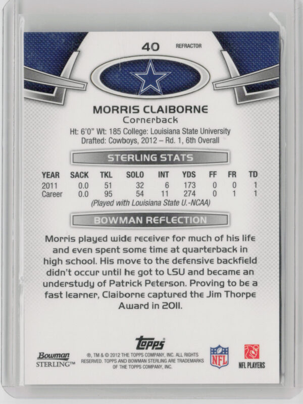 2012 Bowman Sterling Morris Claiborne Blue Refractors SN99 #40 Cowboys - Image 3