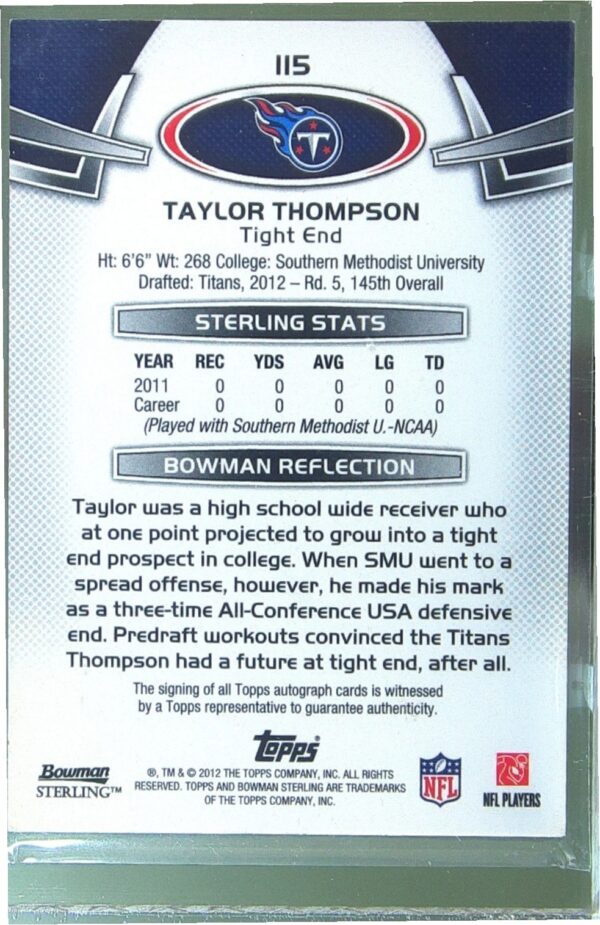 2012 Bowman Sterling Taylor Thompson Auto RC #115 Titans Autographs - Image 3