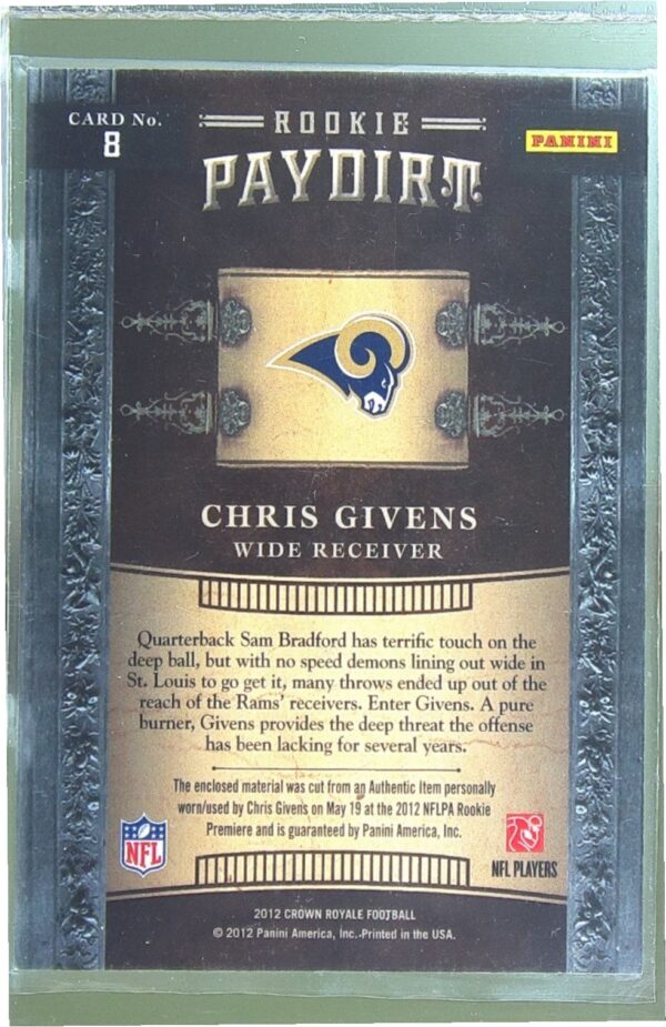 2012 Crown Royale Chris Givens JSY RC #8 Rams Rookie Paydirt Materials Retail - Image 3