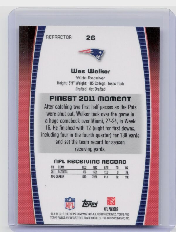 2012 Finest Wes Welker Refractors #26 Patriots - Image 3