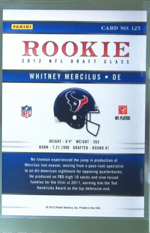 2012 Panini Elite Whitney Mercilus RC /999 #125 Texans - Image 3