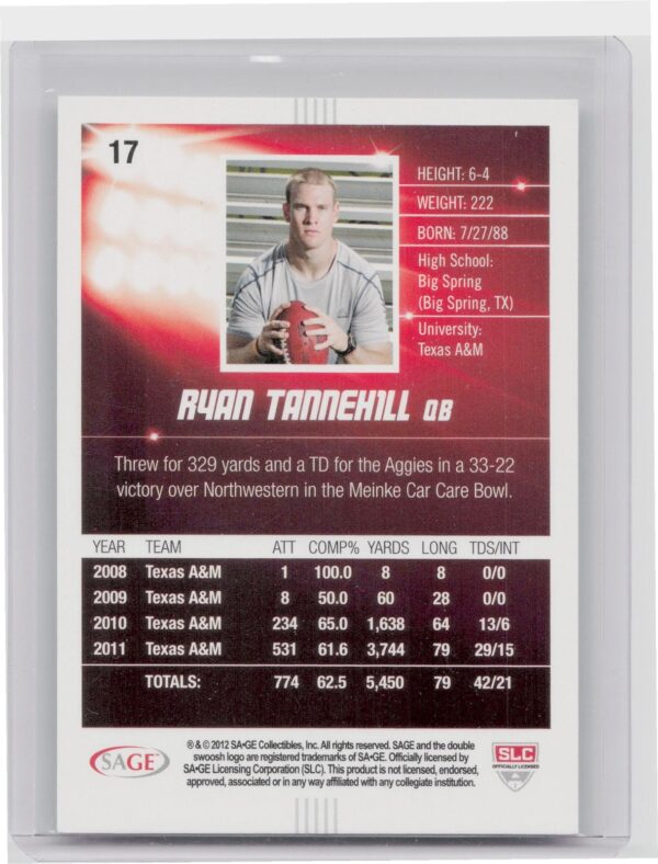 2012 SAGE HIT Ryan Tannehill #17 Aggies - Image 3