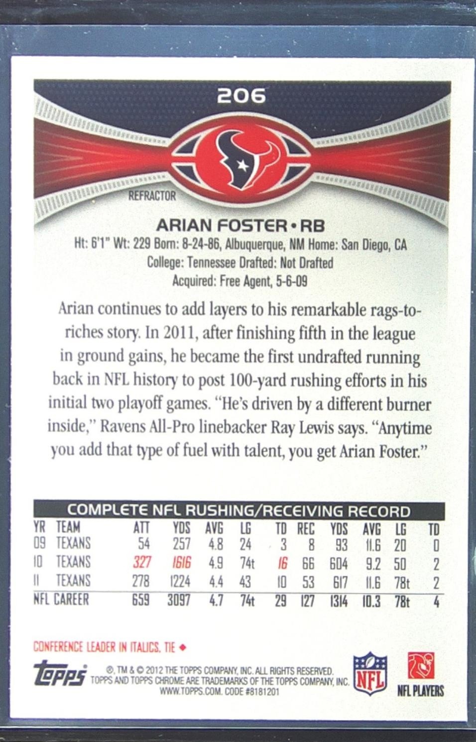 2012 Topps Chrome Arian Foster Xfractors #206 Texans - Image 3