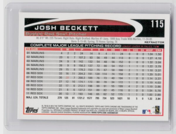 2012 Topps Chrome Josh Beckett X Fractors #115 Sox - Image 3