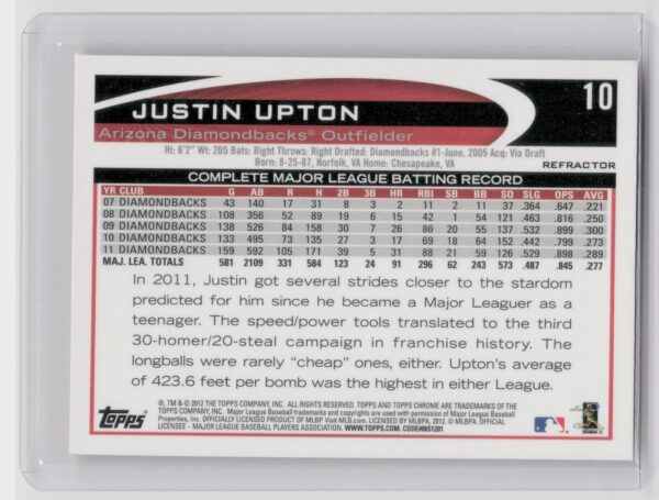 2012 Topps Chrome Justin Upton Orange Refractors #10 Diamondbacks - Image 3